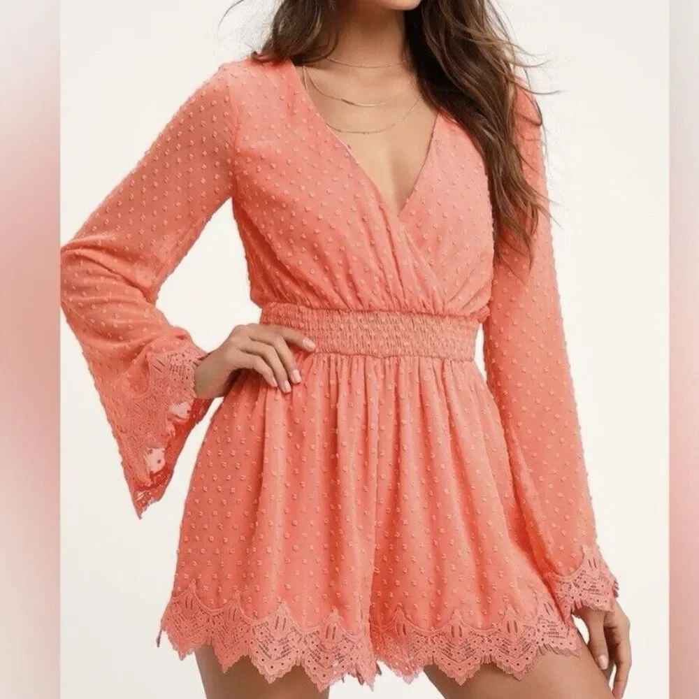 NWT Lulus Meadowlake Coral Orange Swiss Dot Lace Bell Sleeve Romper Size SMALL